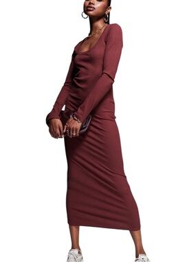ASOS DESIGN spaced ribbed long sleeve scoop midi‎ dress in burgundy